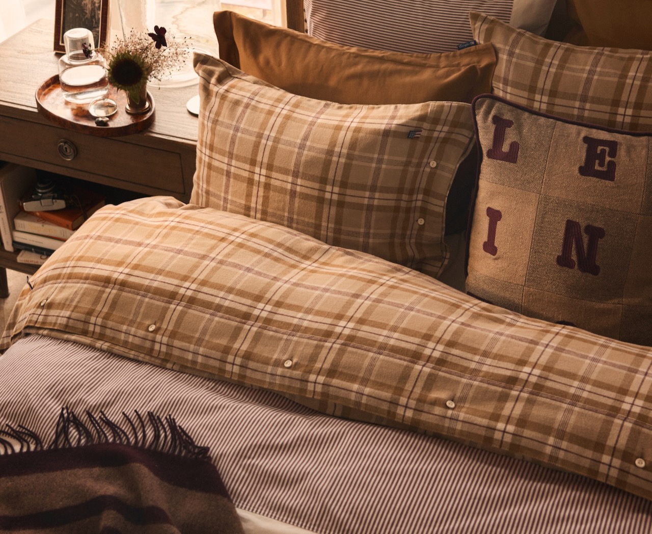 Lexington Bettwäsche-Set Flanell Karo beige/offwhite/feige 135x200/80x80