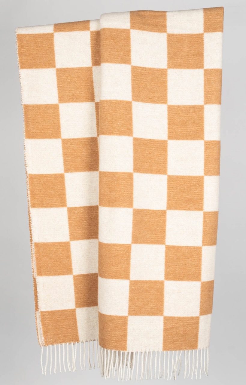 Wolldecke Karo caramel/offwhite mit wollweißen Fransen Wolldecke Karo caramel/offwhite mit wollweißen Fransen