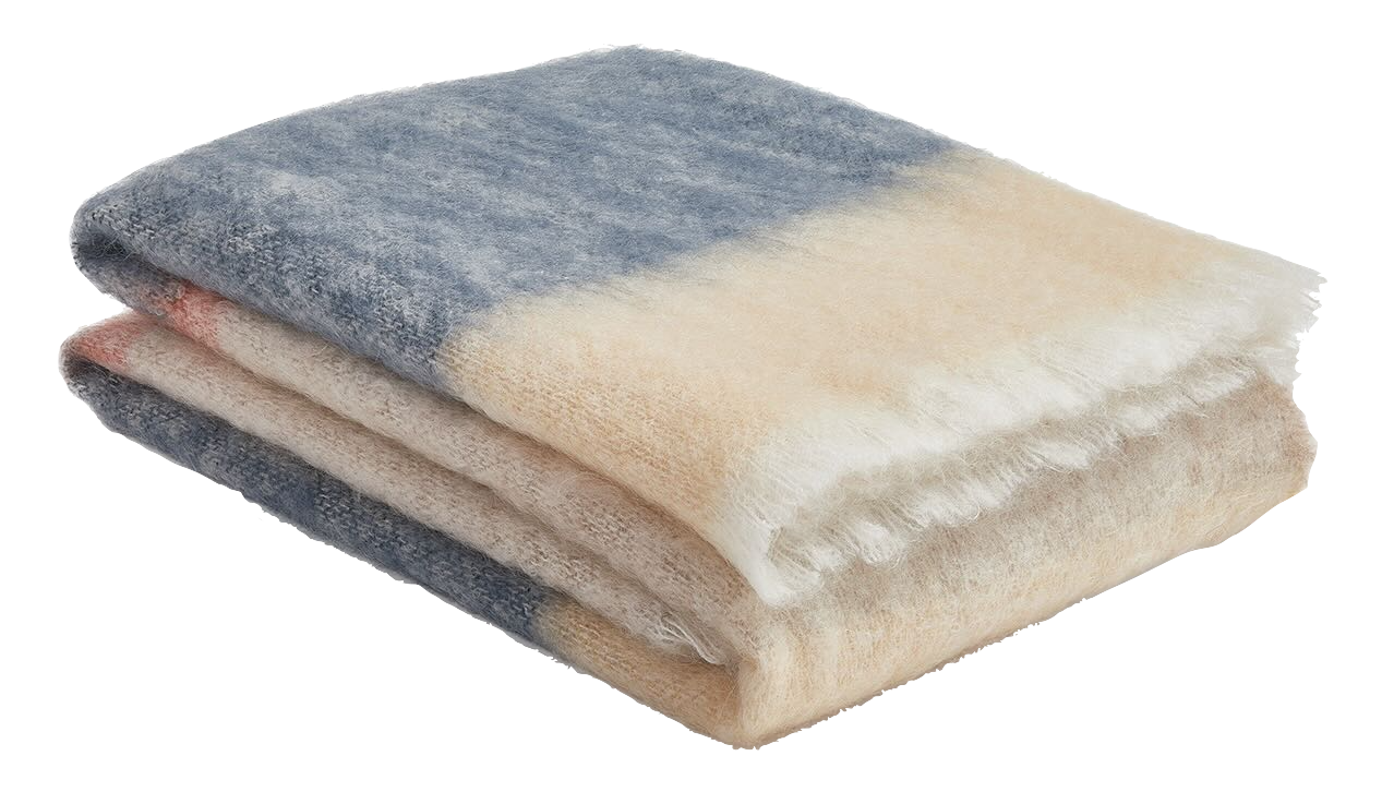 Wolldecke Mohair Streifen blau/beige/orange