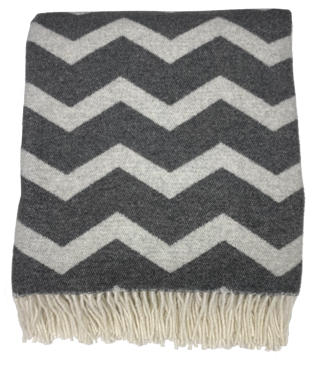 Wolldecke ZigZag dunkelgrau/hellgrau mit wollweißen Fransen