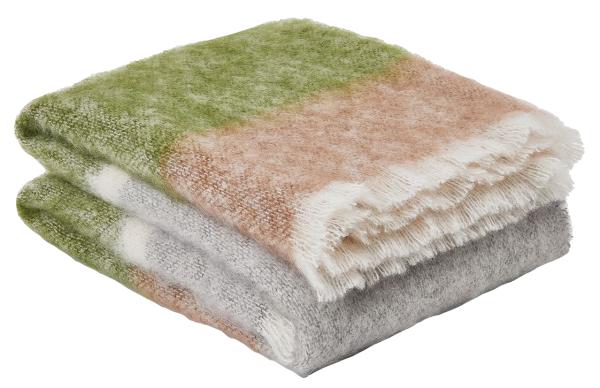 Wolldecke Mohair Streifen grün/taupe/hellgrau